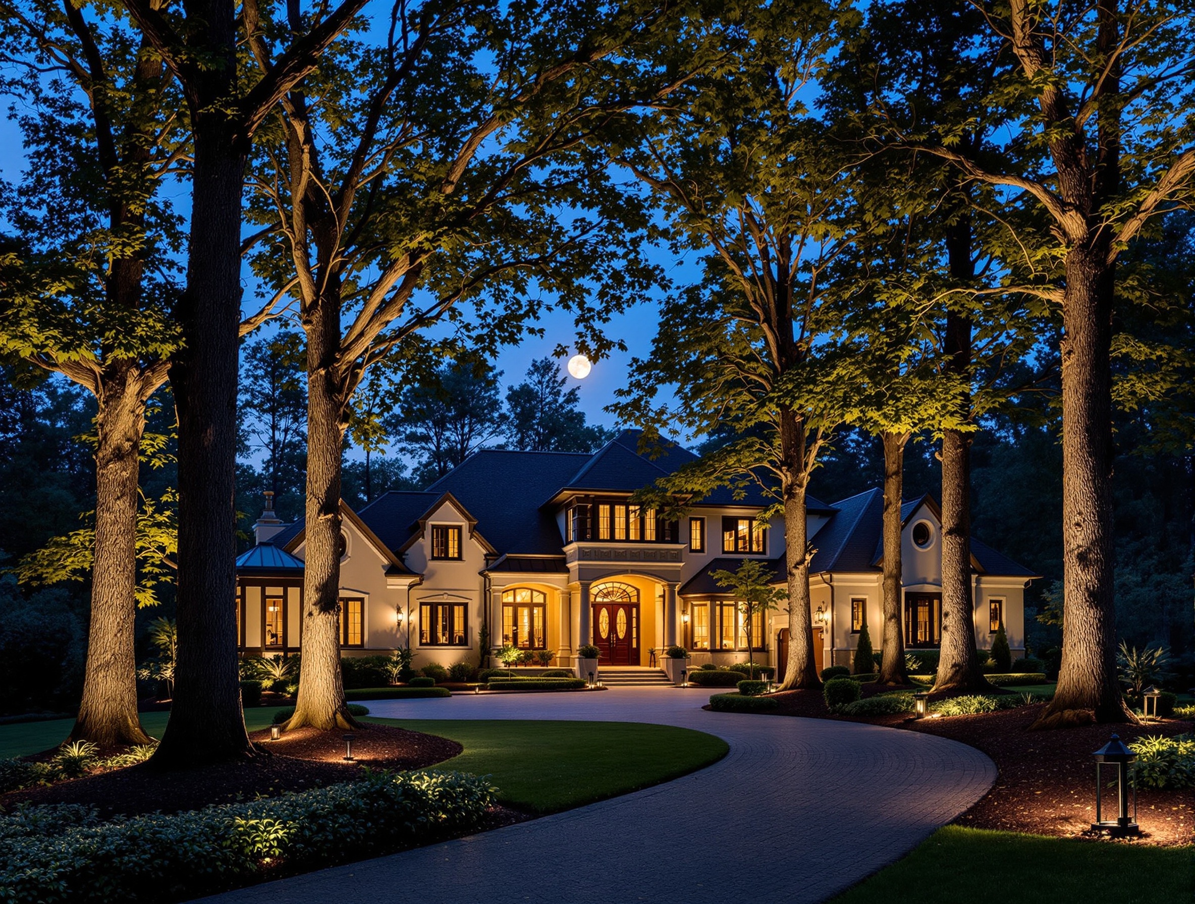 Specimen hardwoods moonlit on a deep-setback estate - Belle Meade