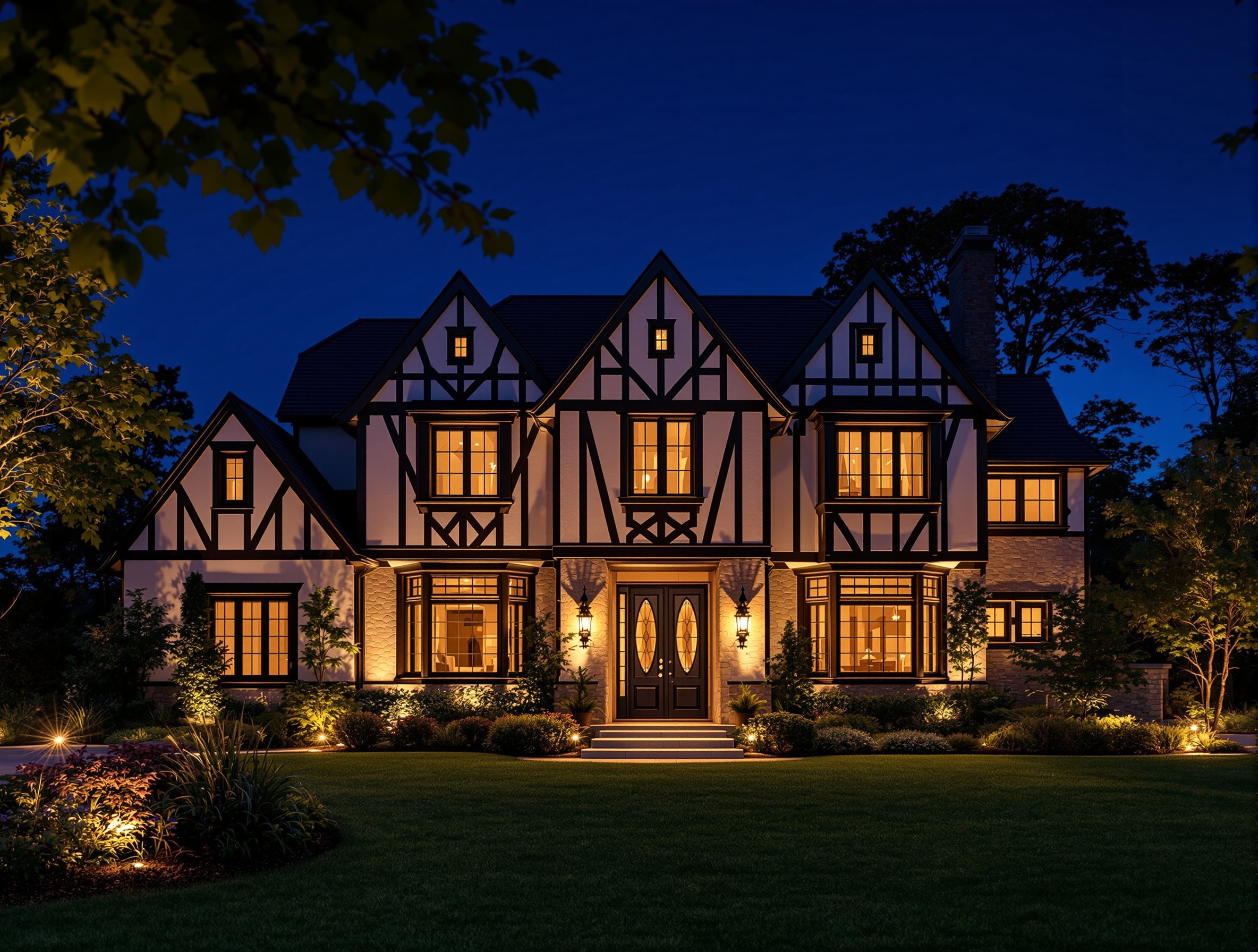 Warm, balanced facade lighting on a Tudor home - Belle Meade