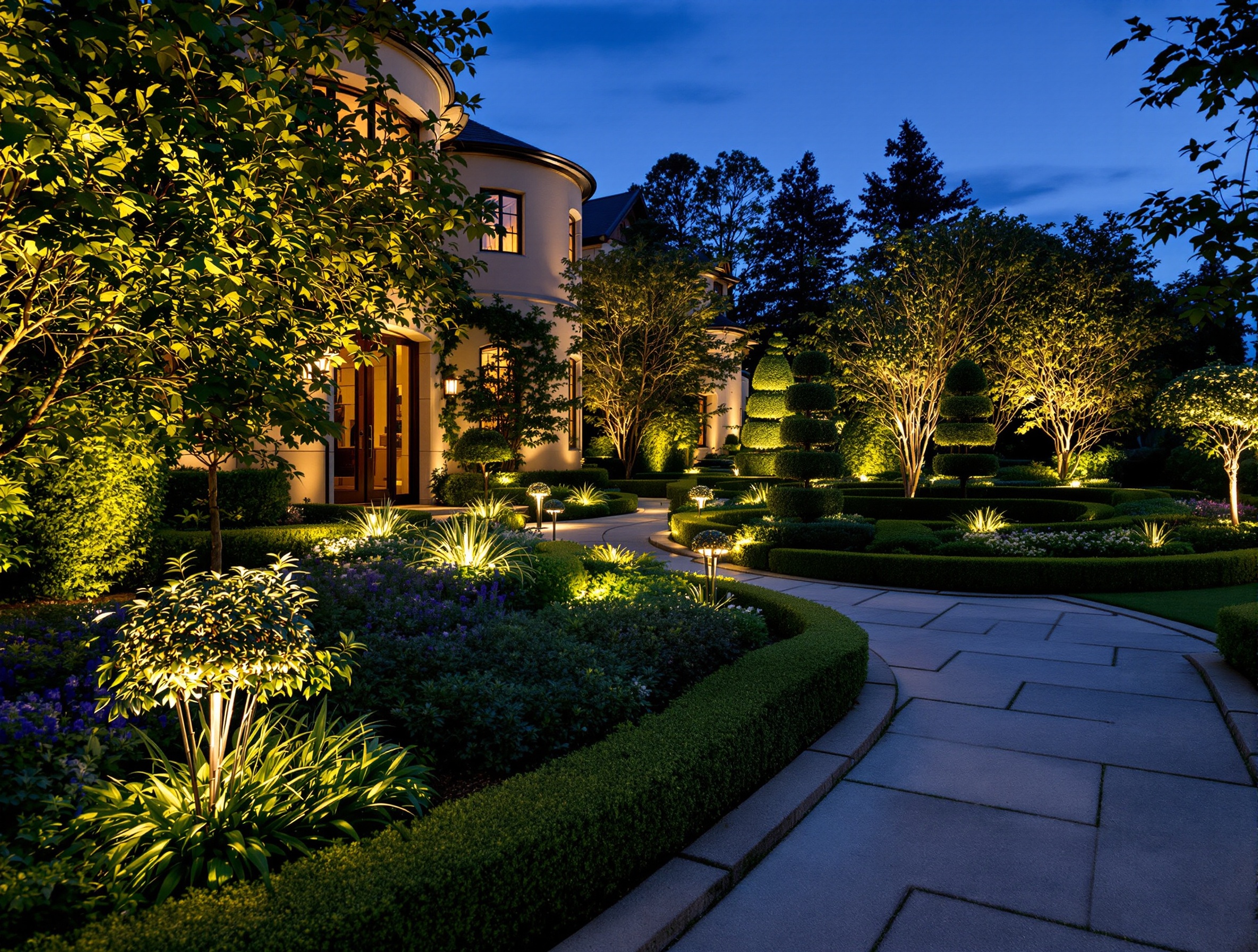 Formal garden and topiary grazed with low light - Belle Meade
