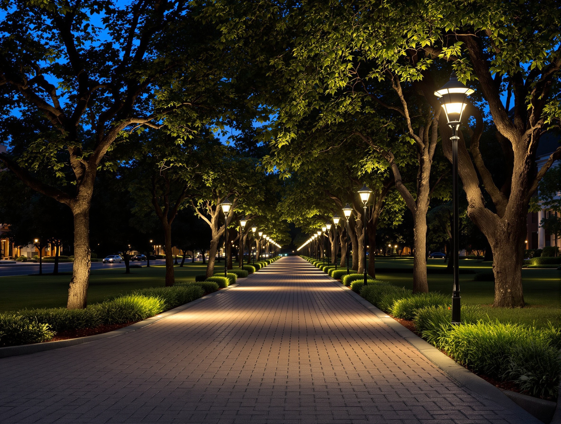 Approach lighting along a tree-lined boulevard - Belle Meade
