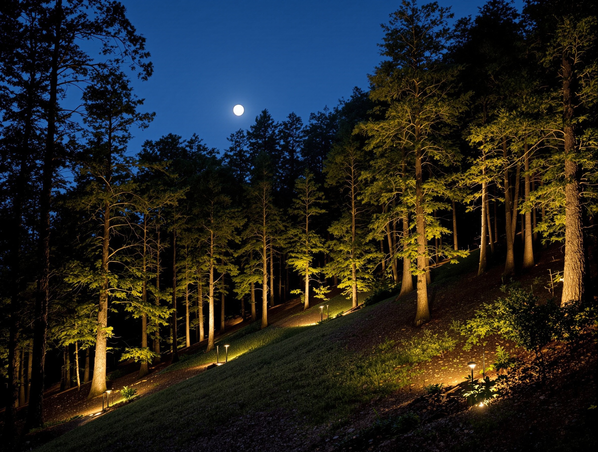 Specimen hardwoods moonlit from a wooded slope - Brentwood