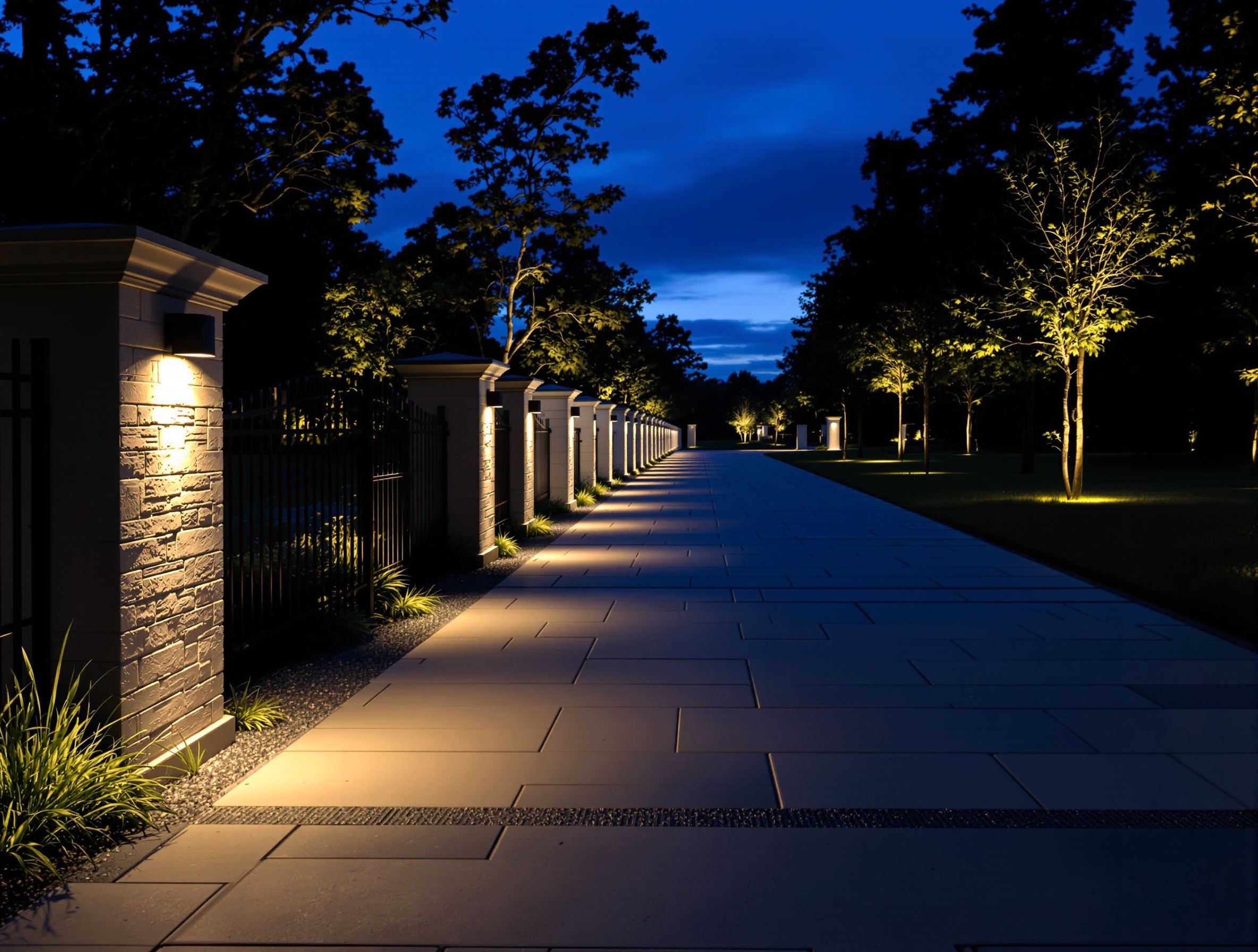 Step and grade lighting along a long gated drive - Brentwood