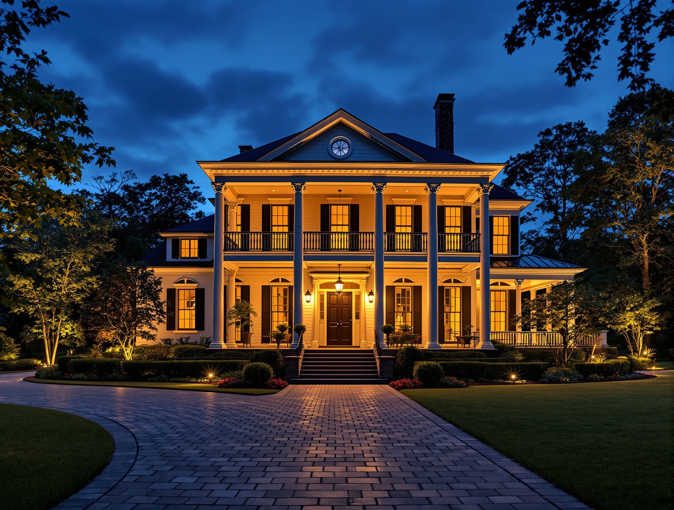 Warm, restrained lighting on an antebellum home - Columbia