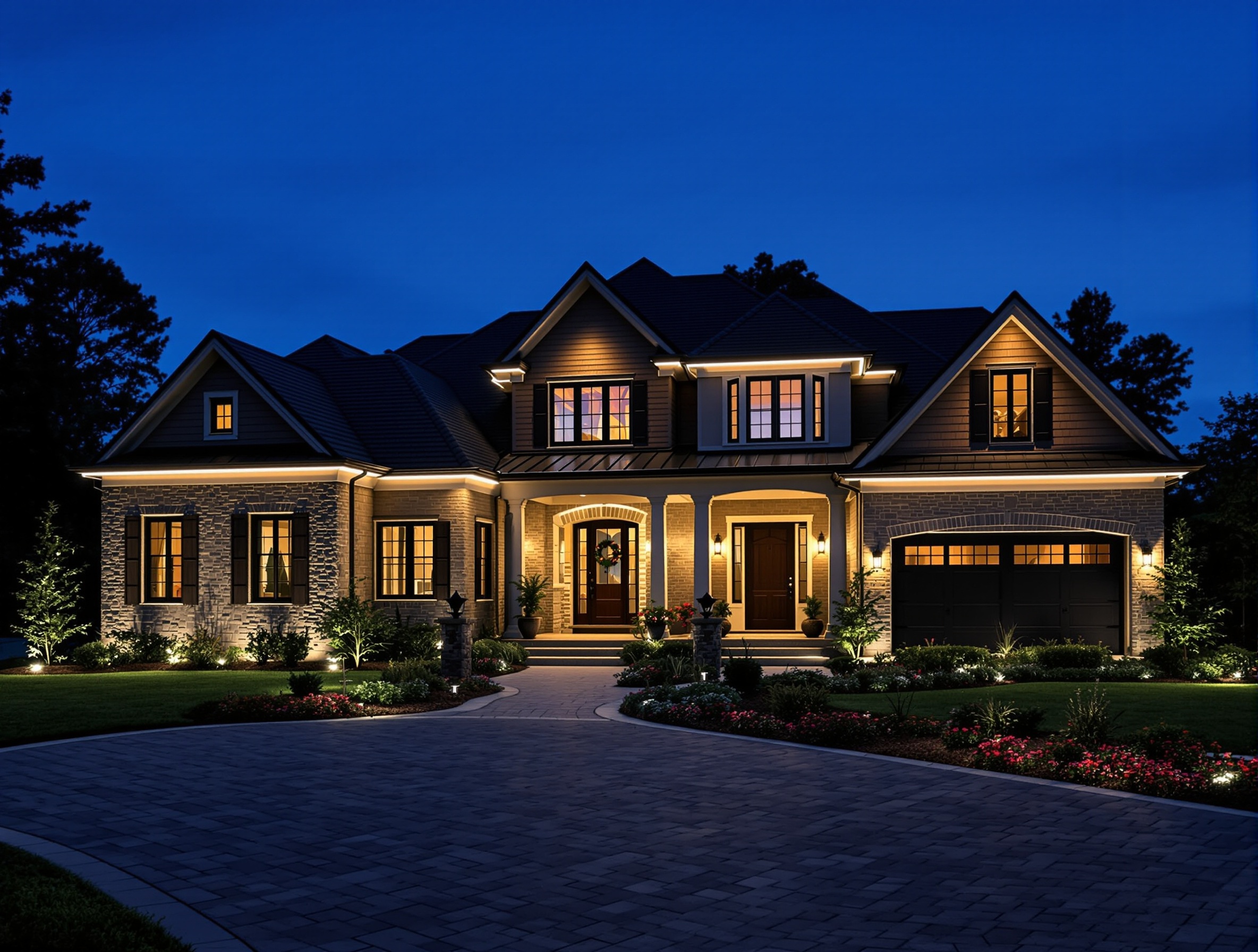 Permanent roofline lighting on a custom home - Columbia