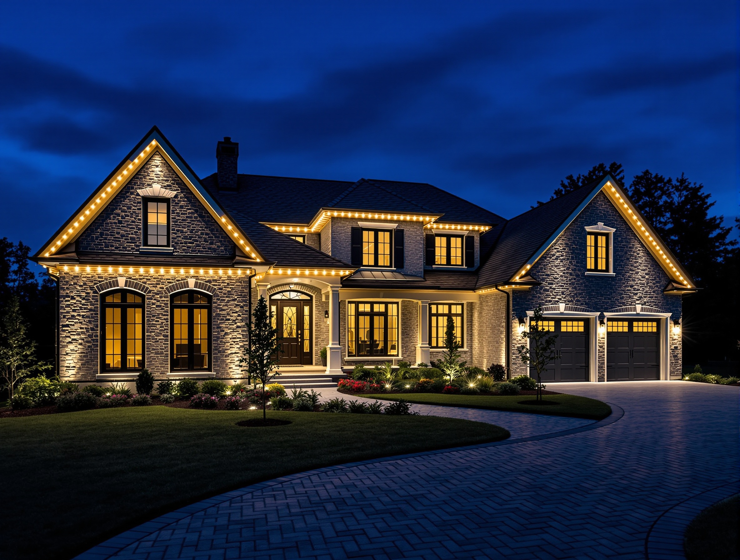 Permanent roofline lighting on a custom home - Cookeville