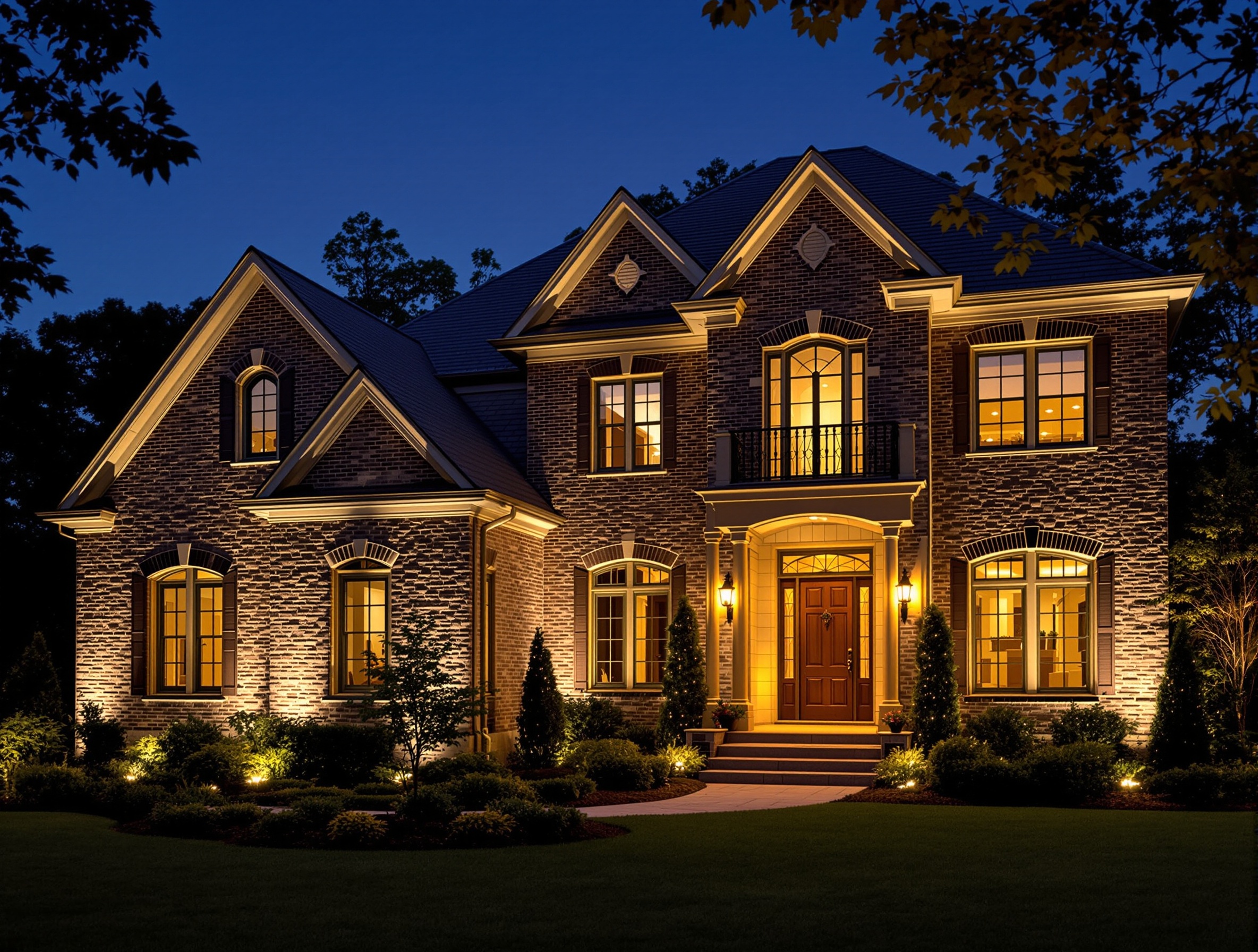 Warm facade lighting on a brick-and-stone home - Franklin