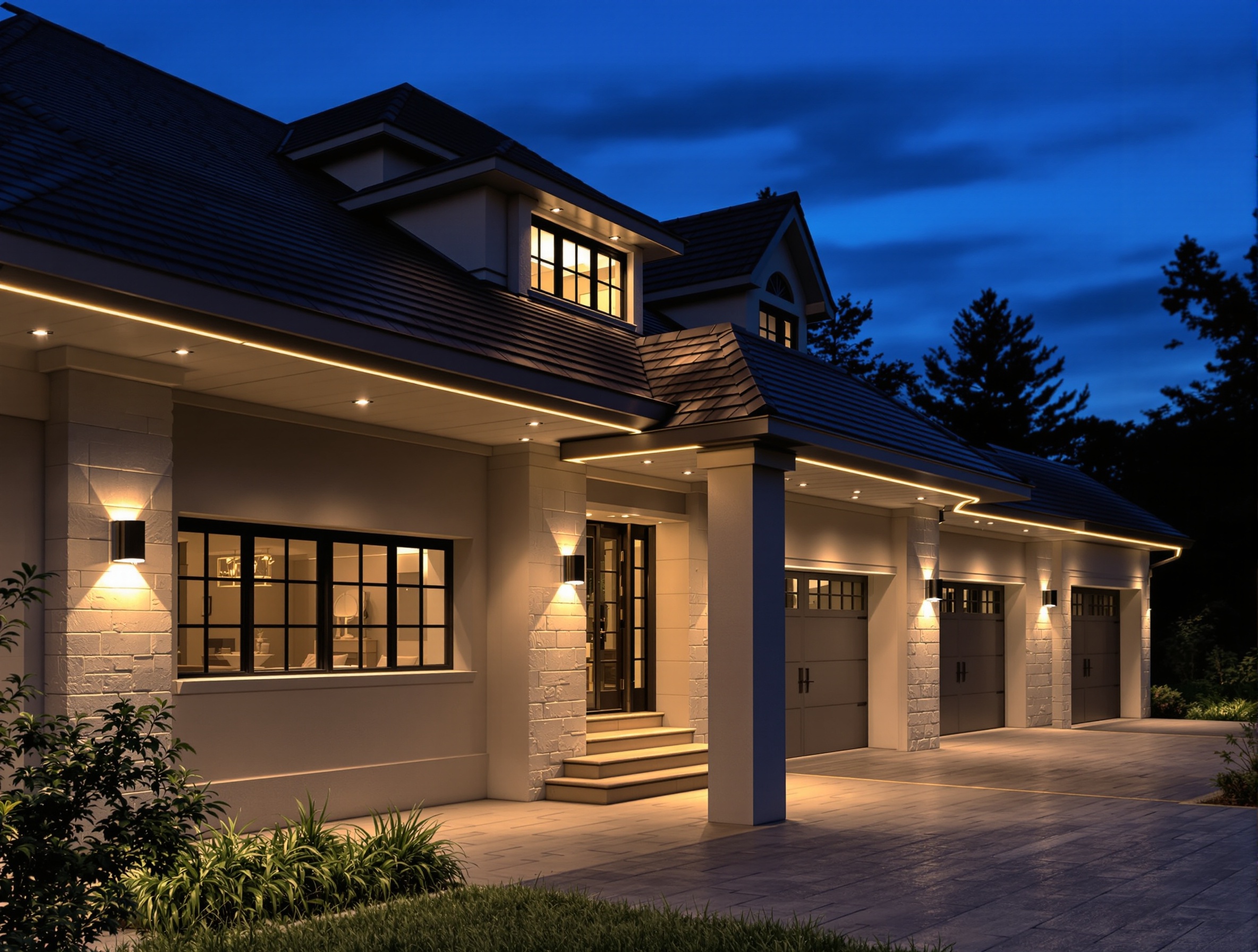 Permanent roofline lighting on a custom residence - Franklin