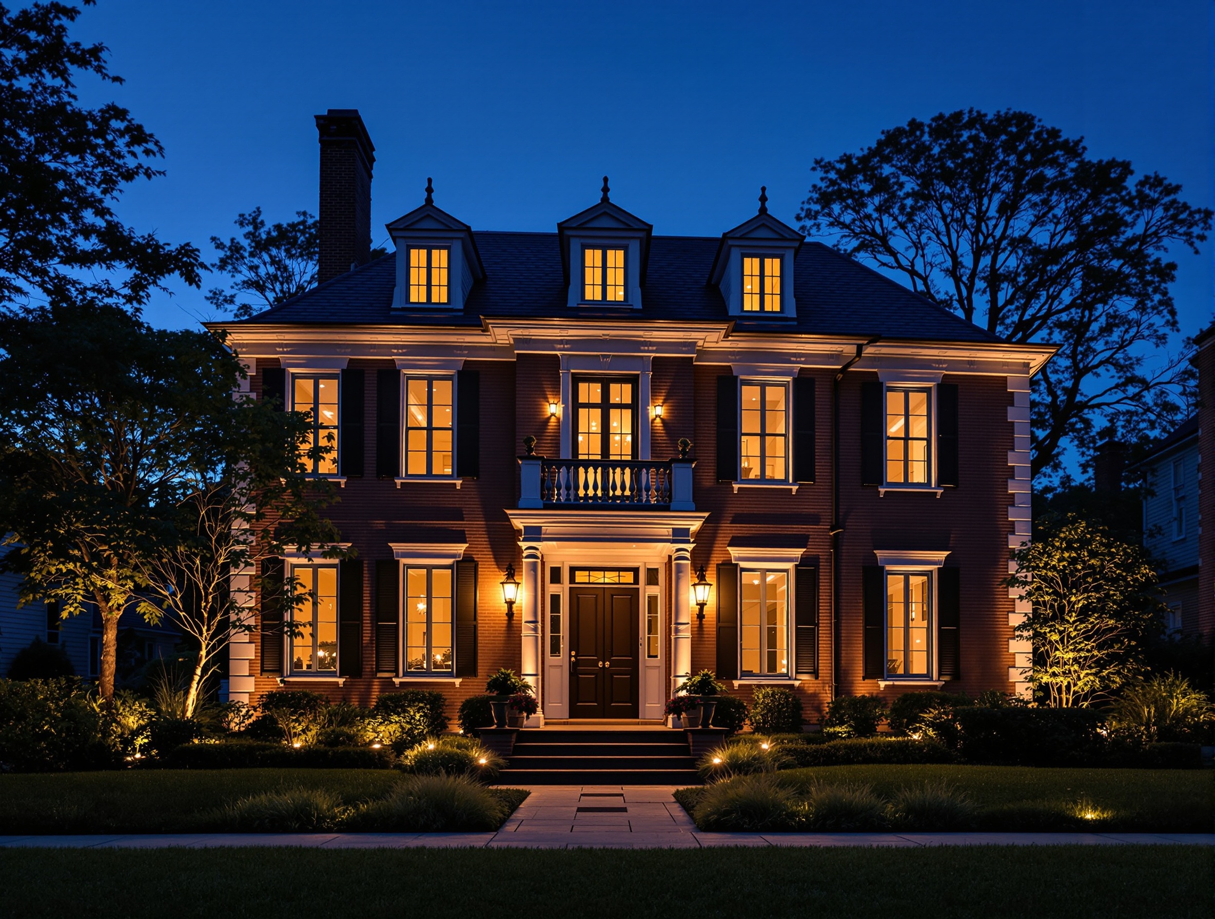 Warm facade lighting on a Federal-era downtown home - Gallatin