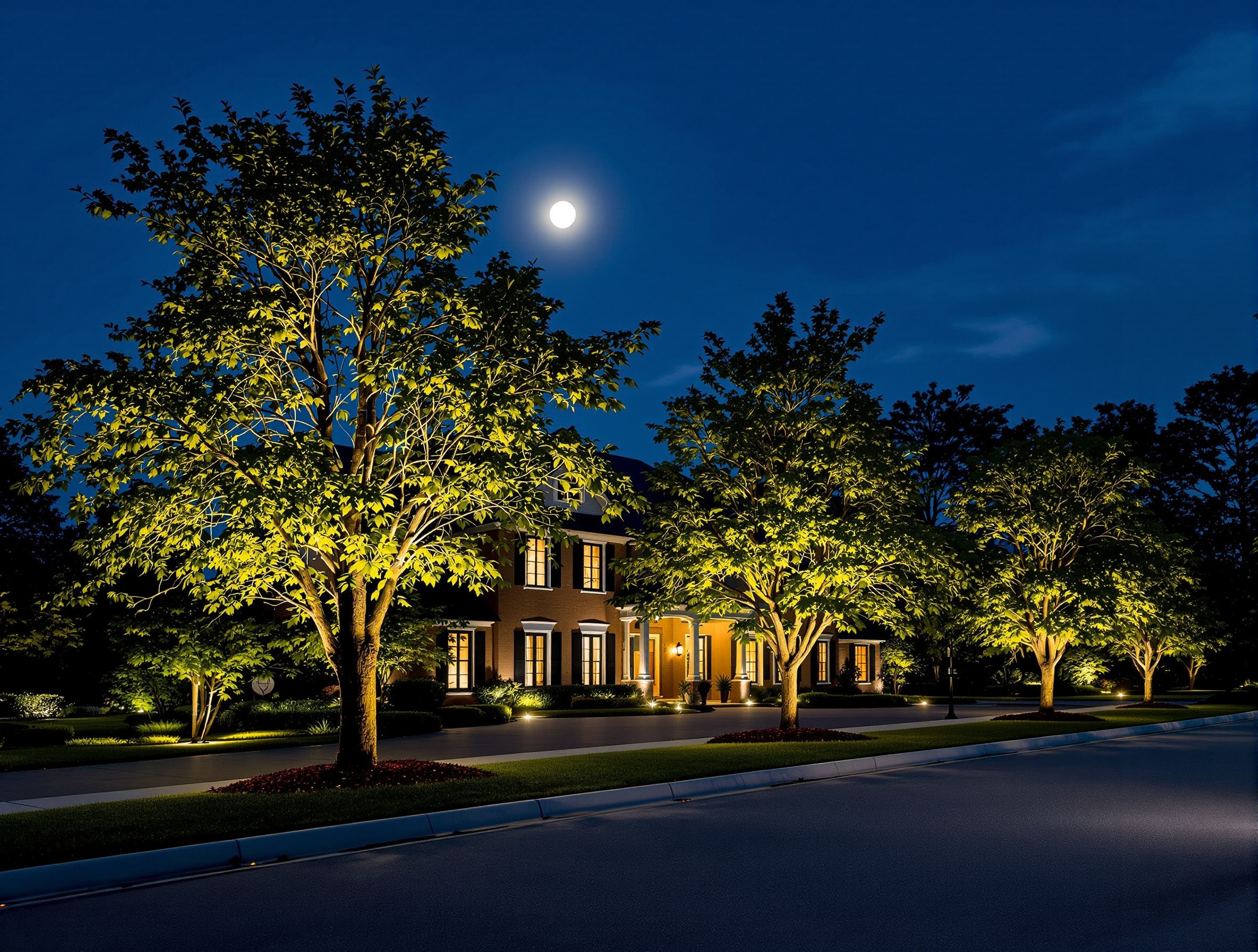 Specimen trees moonlit on a mature lot - Gallatin