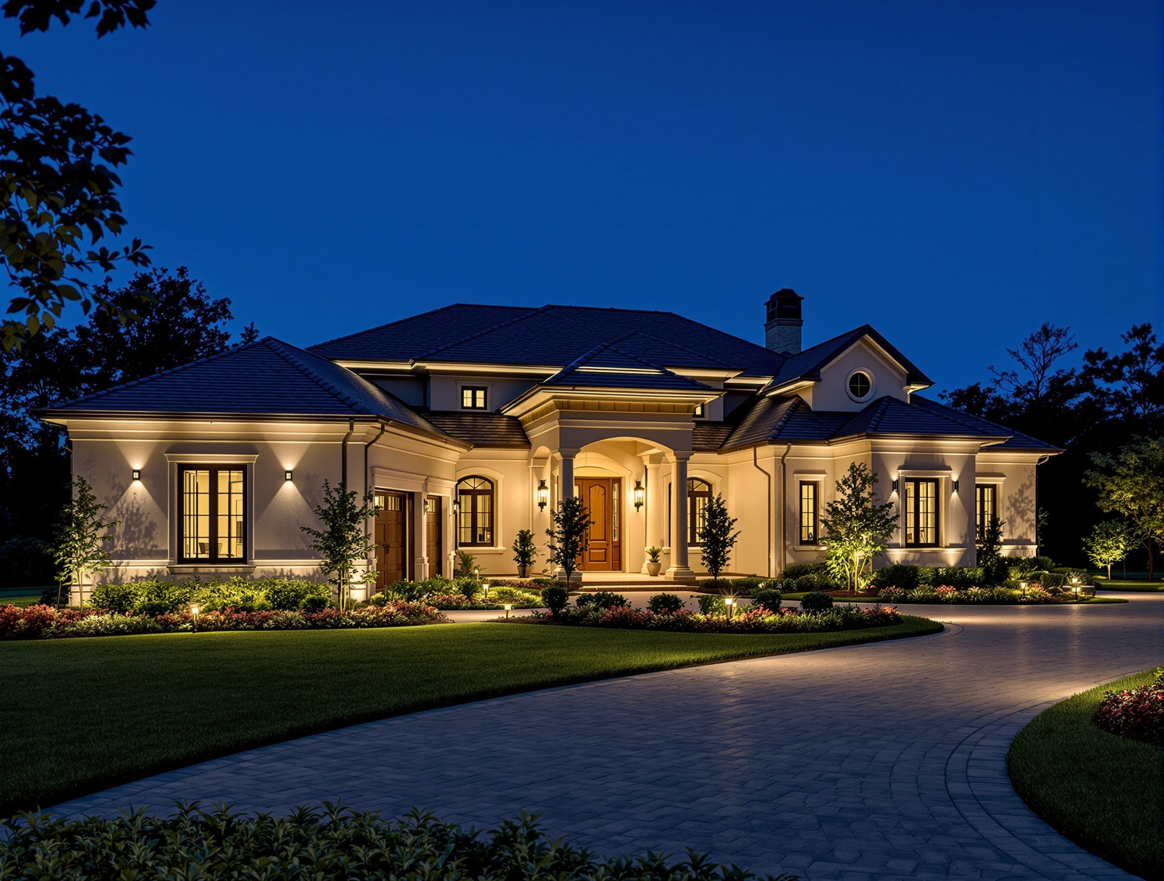 Permanent roofline lighting on a golf-course home - Gallatin