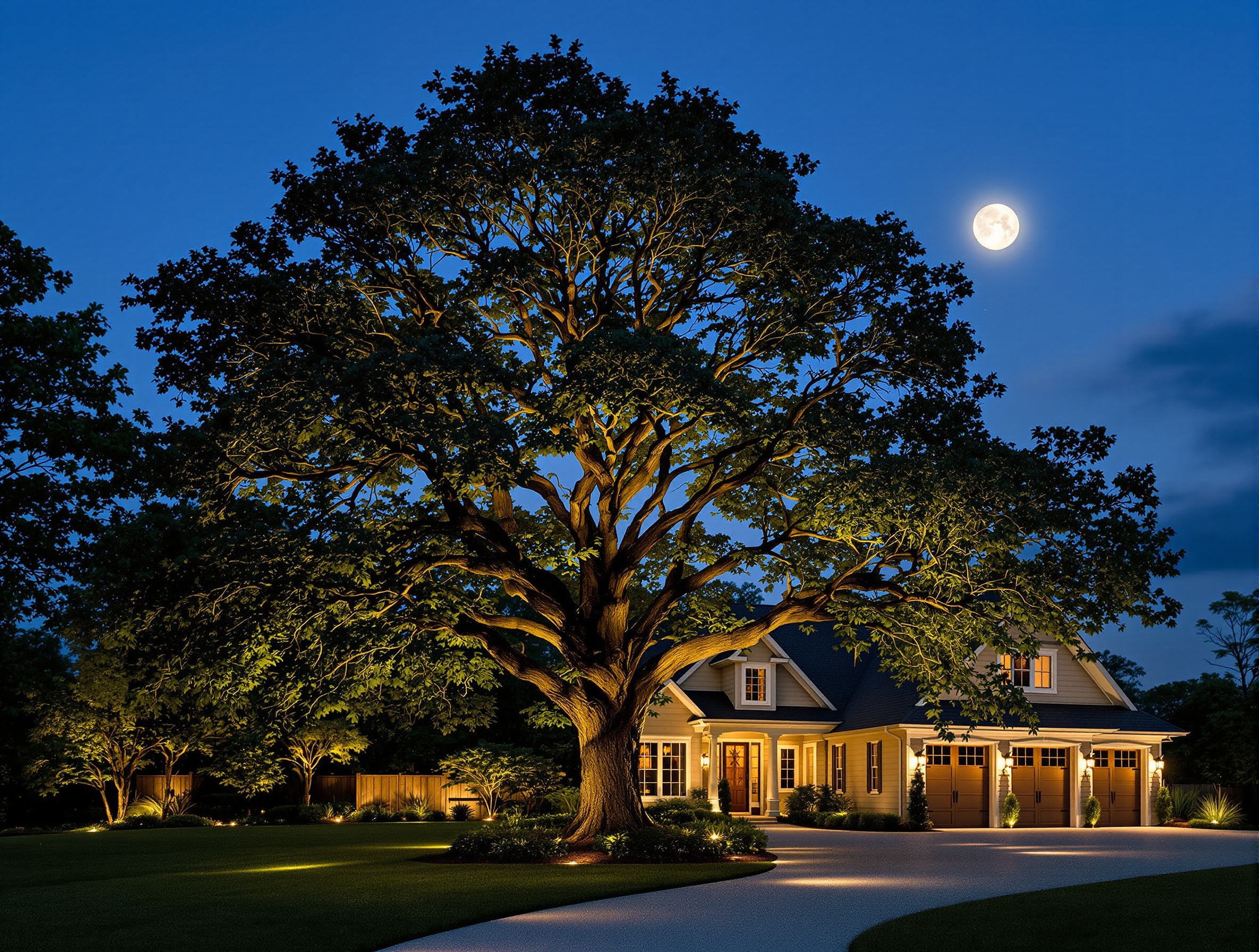 Mature oak uplit and moonlit on a generous lot - Green Hills