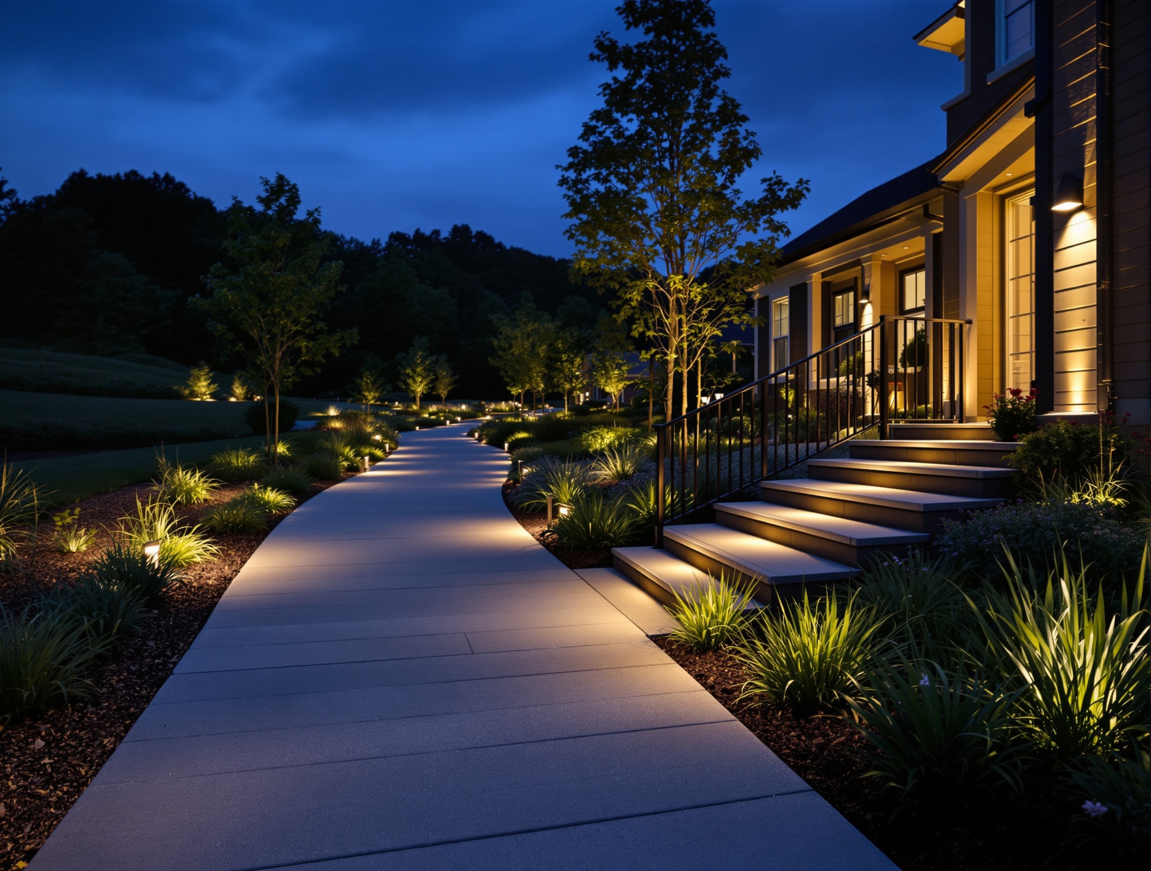 Path and step lighting on a rolling in-town lot - Green Hills