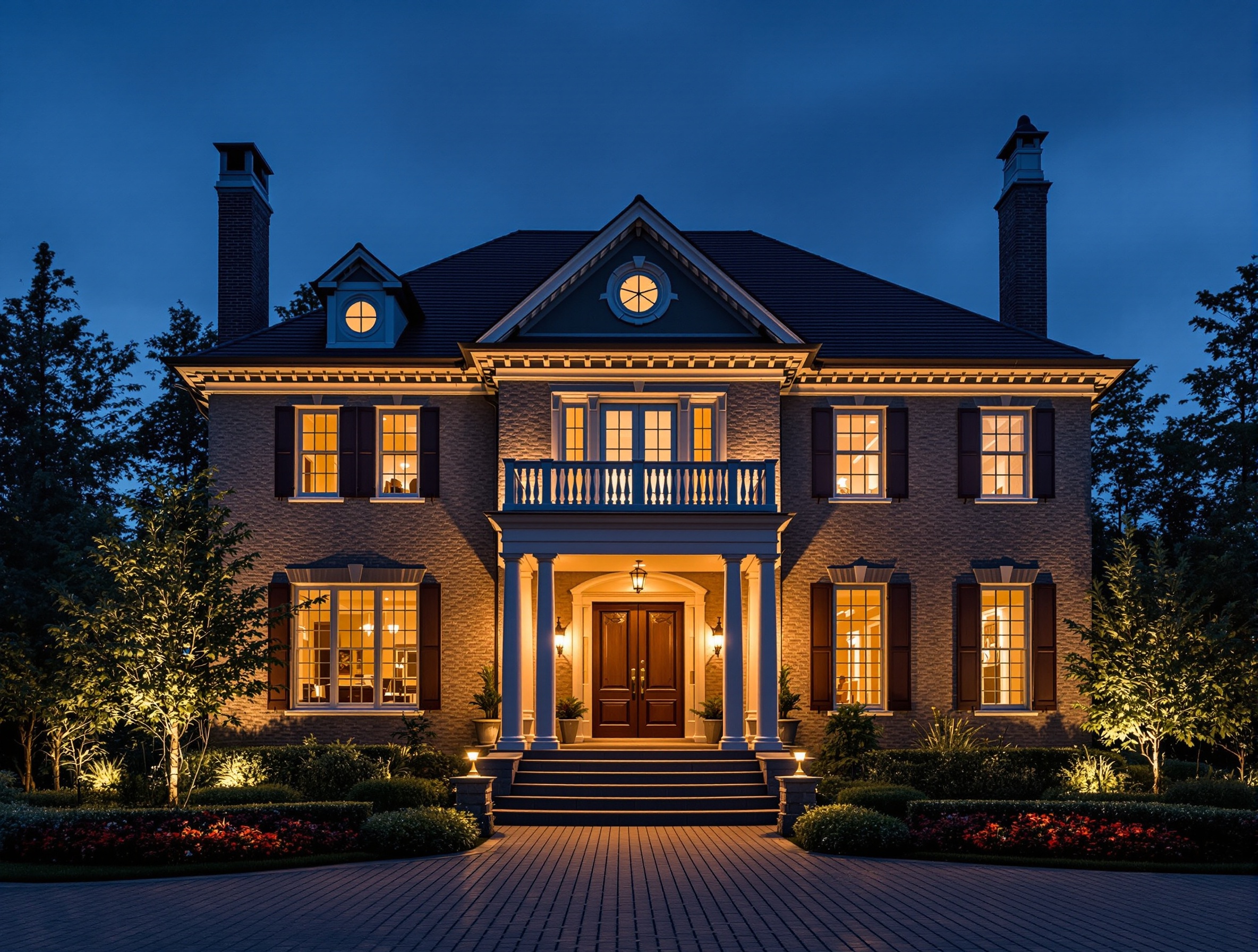 Warm facade lighting on a stately traditional home - Hendersonville