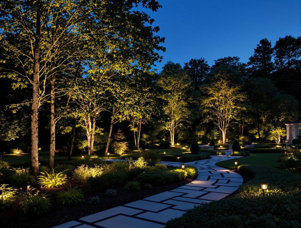 Refined estate landscape lighting at night, portfolio feel