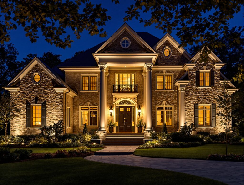 Architectural facade lighting, uplit columns and stone at night