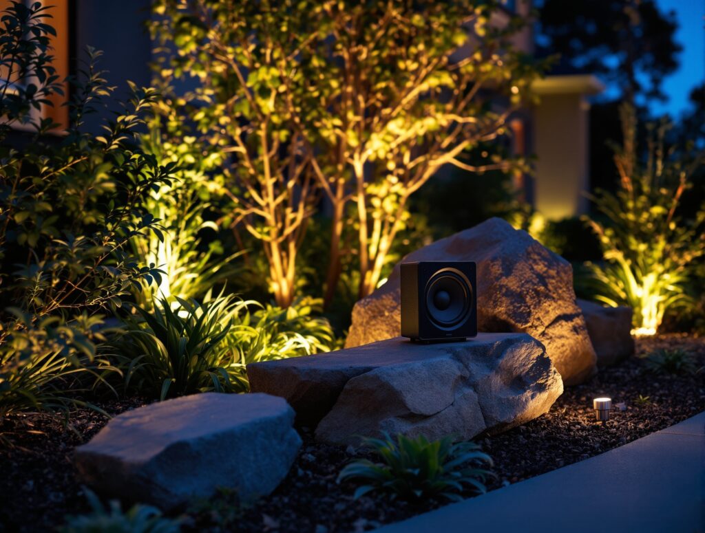 Outdoor audio, landscape and rock speakers hidden in a lit garden bed