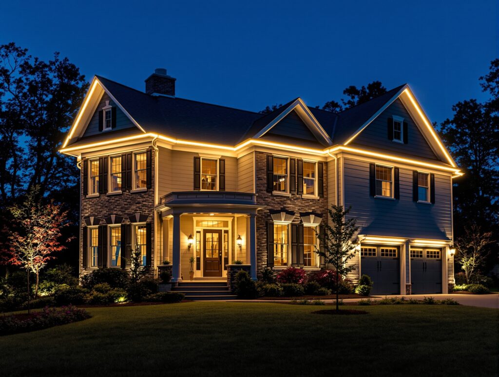 Permanent warm-white roofline lighting tracing a home eaves at night
