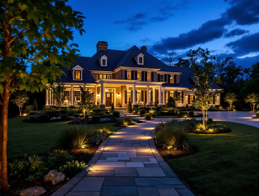 Smart outdoor lighting scene across a home and landscape at night