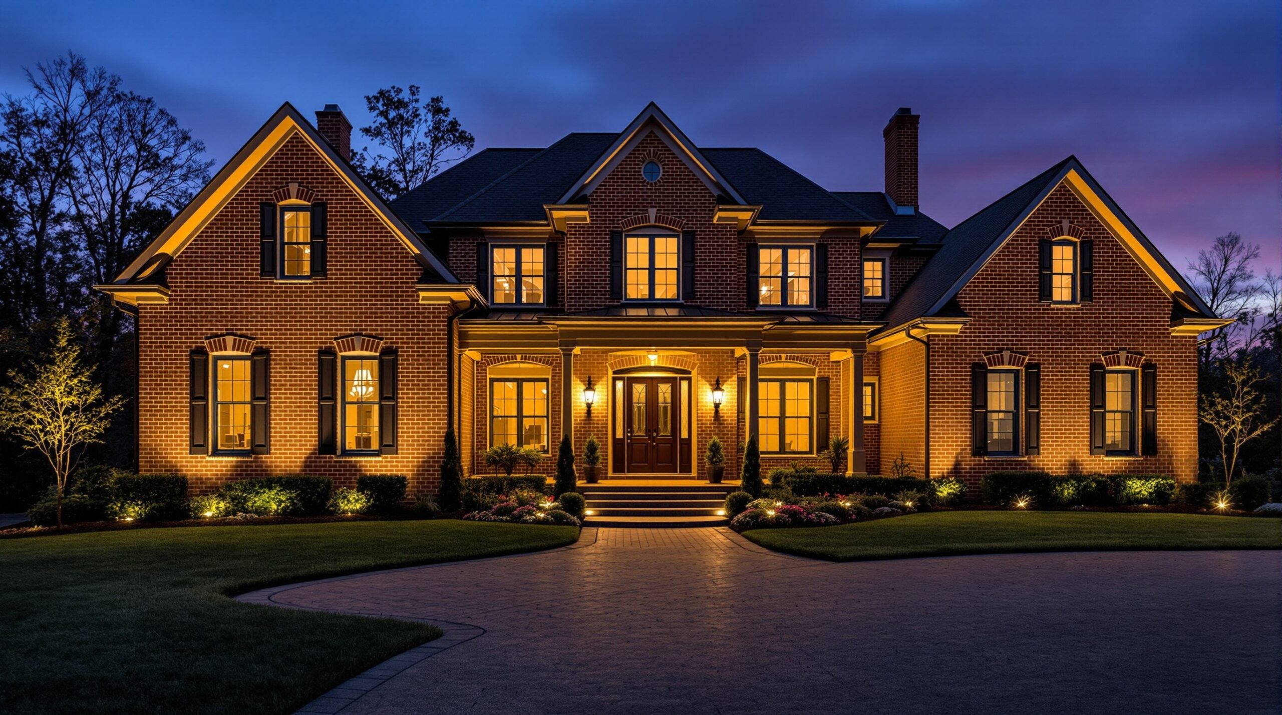 Brick home at twilight with warm facade and landscape lighting