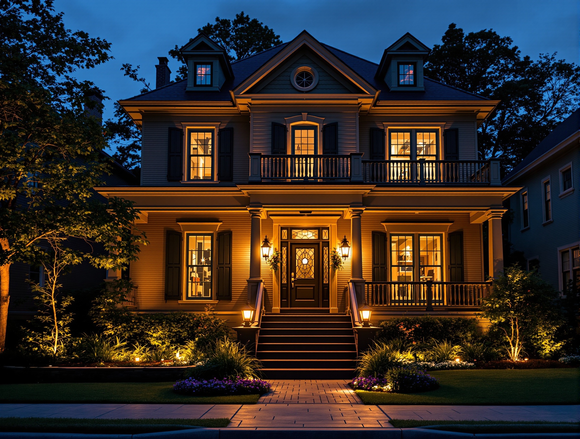 Warm facade lighting on a late-1800s downtown home - Lebanon