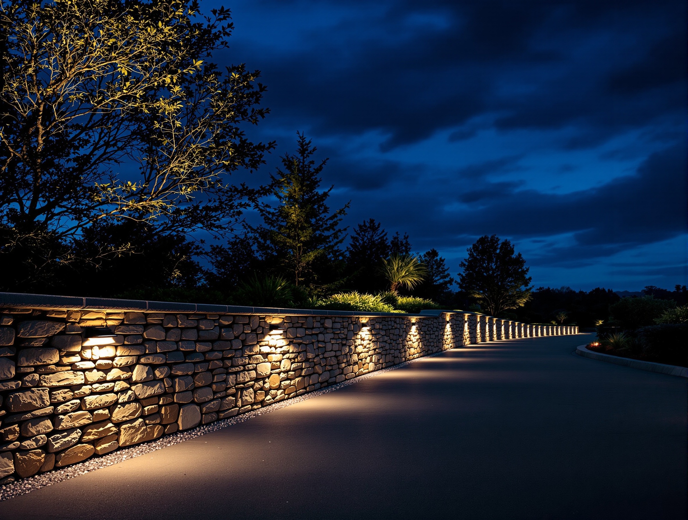 Stone wall and long-drive lighting under a dark sky - Leiper's Fork