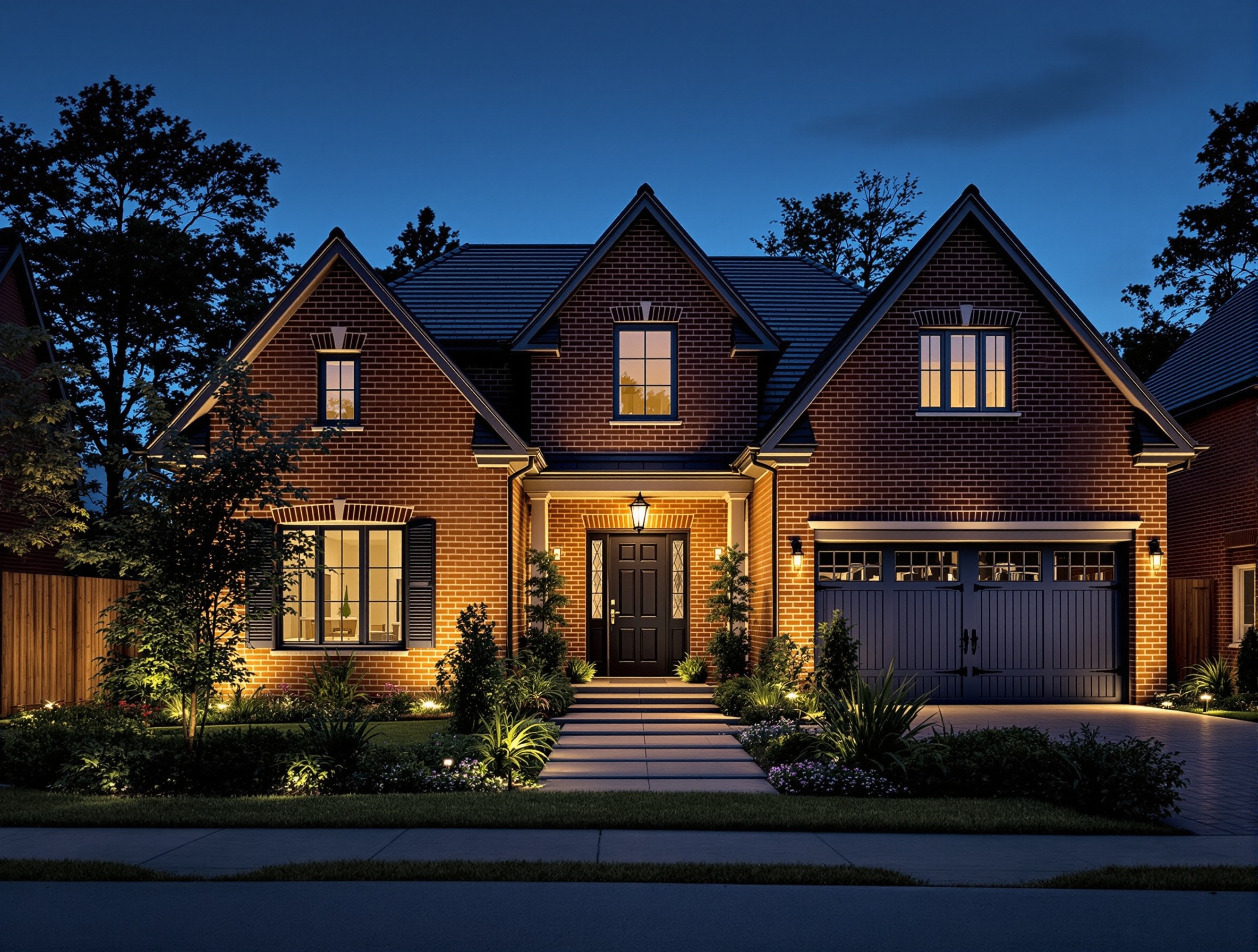 Warm facade lighting on an all-brick new build - Mount Juliet