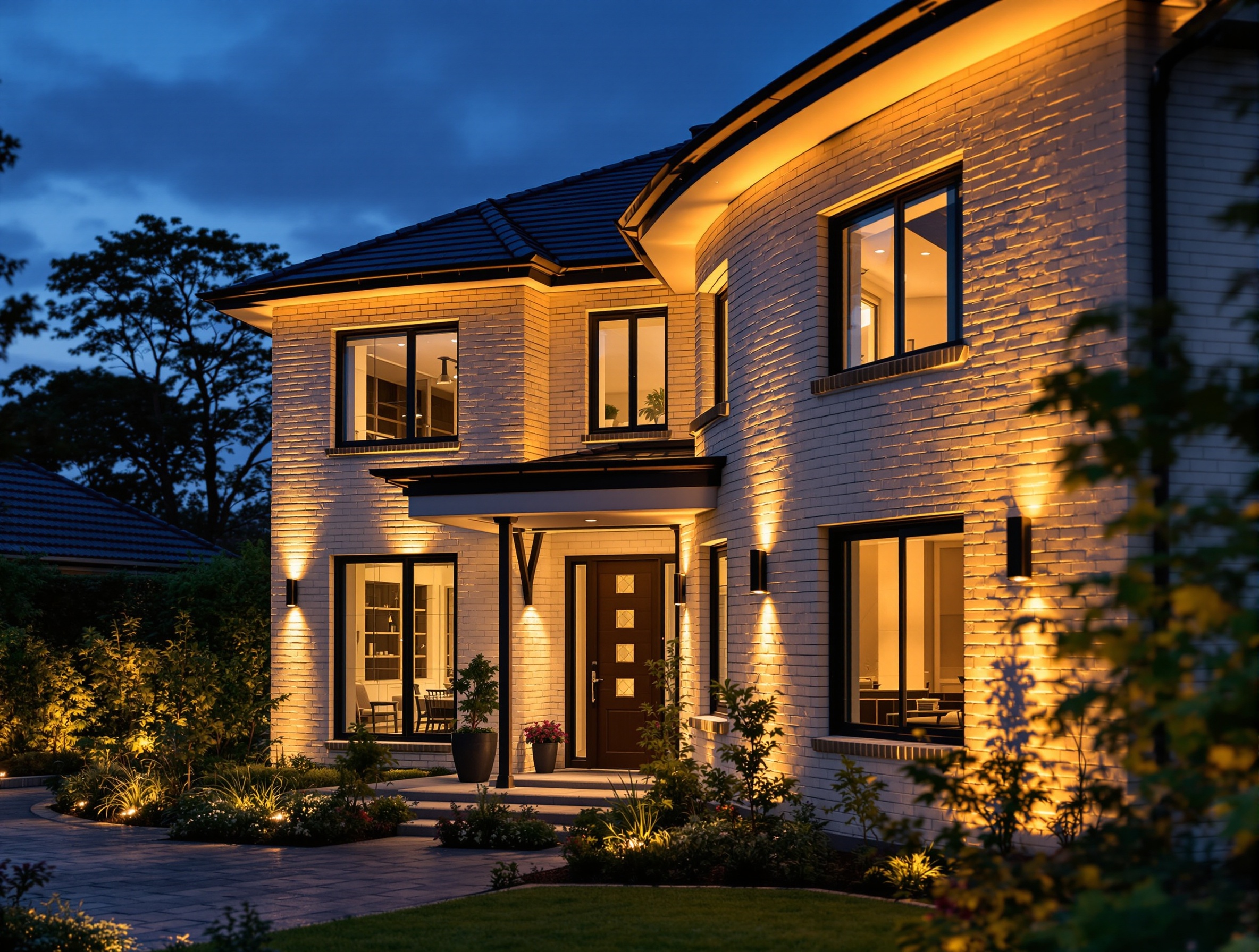 Warm facade lighting on a white-brick new build - Murfreesboro