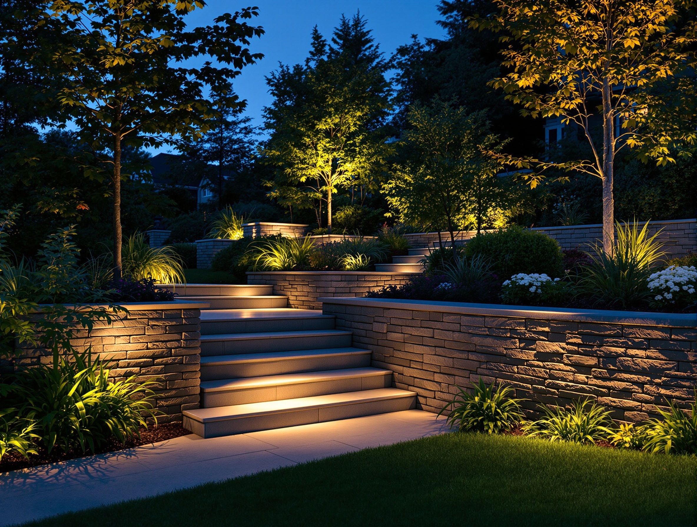 Step and retaining-wall lighting on a sloped garden - Nashville