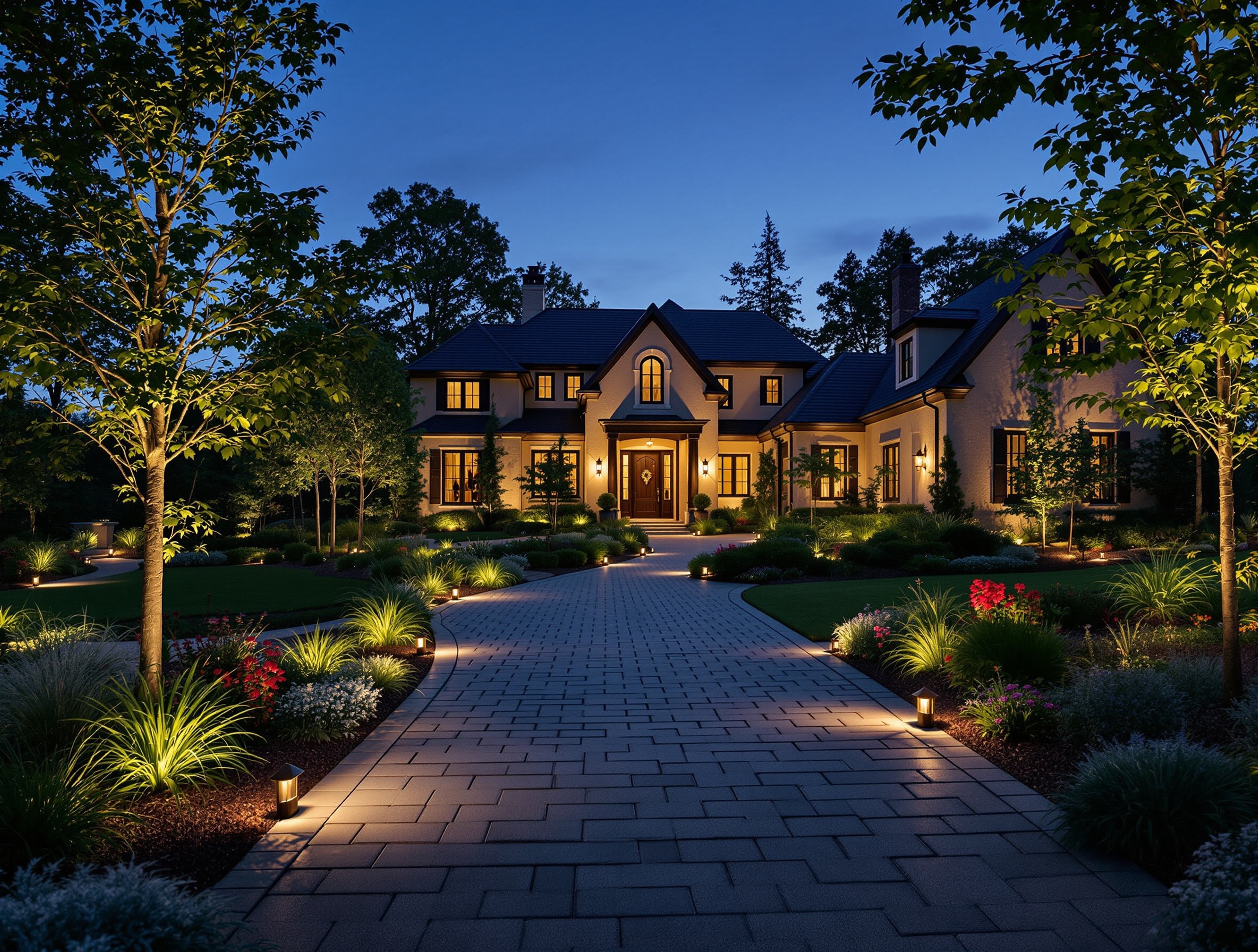 A young estate landscape lit to grow with the plantings - Spring Hill